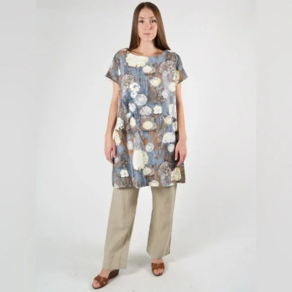 Brynn Walker Ansel Tunic Dress Burdock Blue Floral Linen Blend size S Lagenlook - Picture 7 of 16